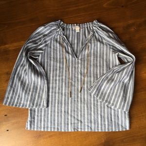 Michael Kors Bell Sleeve Linen Blouse with Gold Chains - Size S